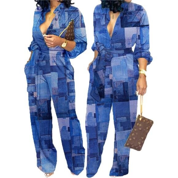 New Women's Elegant Business Casual Jumpsuit - Button-Down V-Neck, Long Sleeve, - Picture 6 of 7